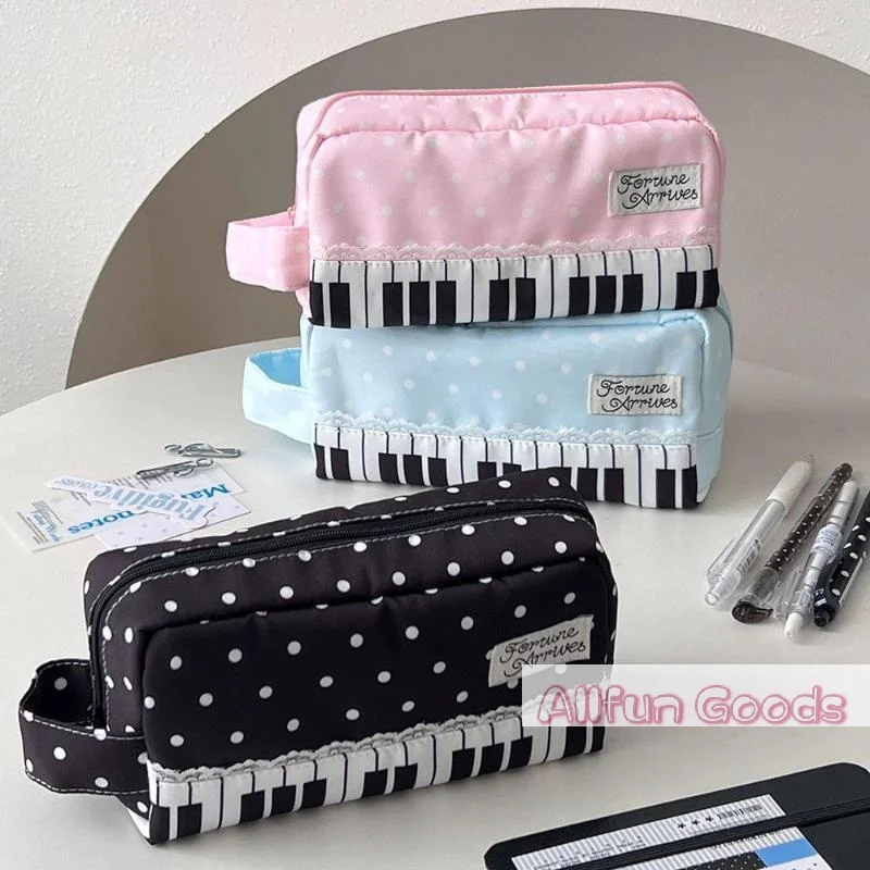 [TG835]Kawaii Polka Dot Piano Key Print Pencil Case With Handle Large Capacity Pencil Pouch Stationery Bag Gift