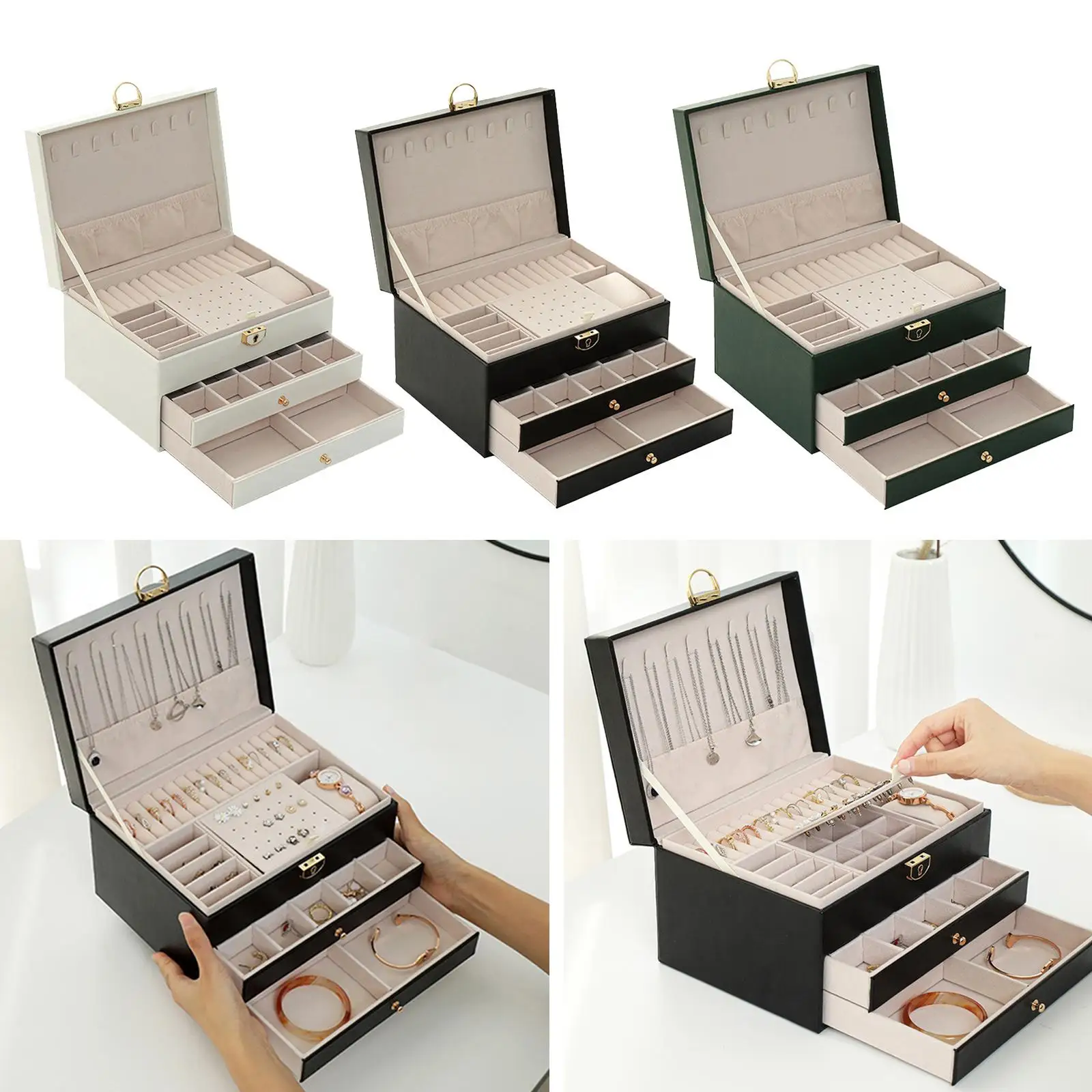 3-Layer Jewelry Organizer with Lock Vintage with Drawer Box Display Storage Case Holder for Travel Necklace Cufflinks Girl Women