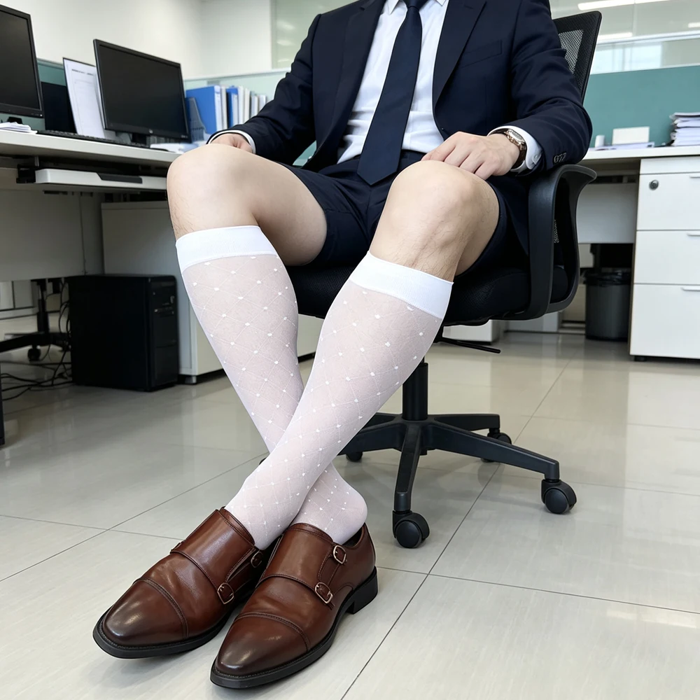 Men's Sheer Over The Calf Dress Socks Polka Dot Argyle Pattern Breathable Knee High Formal Business Hosiery for Office Suit