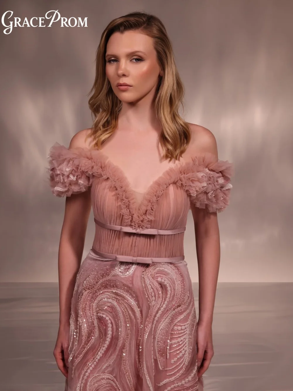 Dreamy Off Shoulder Pink Tulle Gown Ruffled Floral Silver Beaded A Line Evening Gown Party Dress For Wedding Guests فساتين سهرة