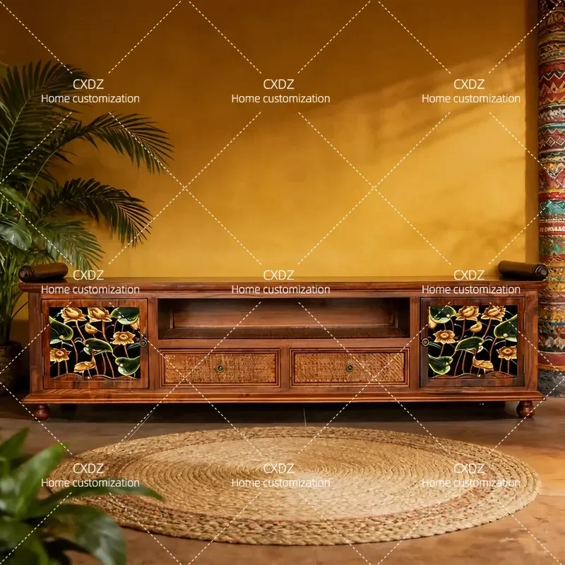 Solid Wood TV Cabinet Log Style Hand Painted Entertainment Center Media Console Storage Unit for Living Room Furniture