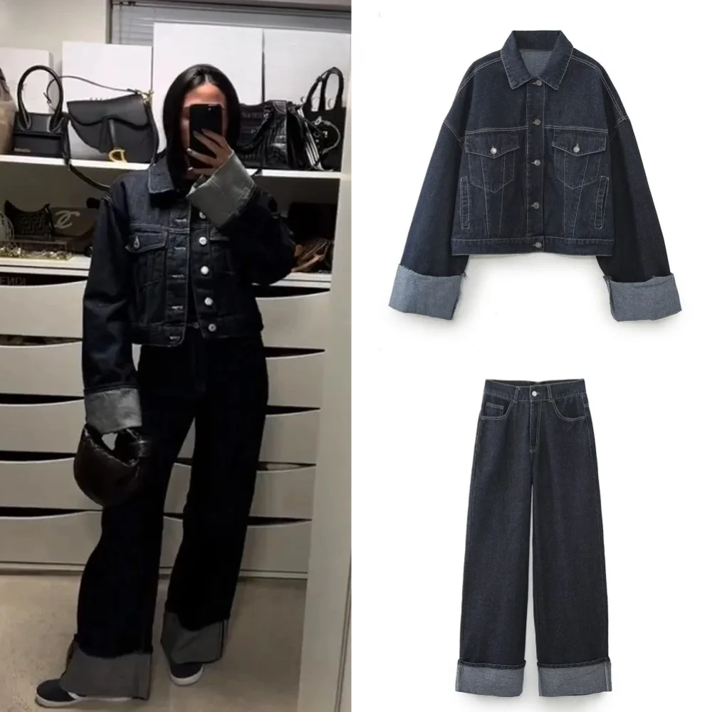 2024 Autumn Women Turn-Down Collar Chic Casual Loose Top Short Denim Jacket + Crimping Wide-leg Jean 2 Piece Set Suit