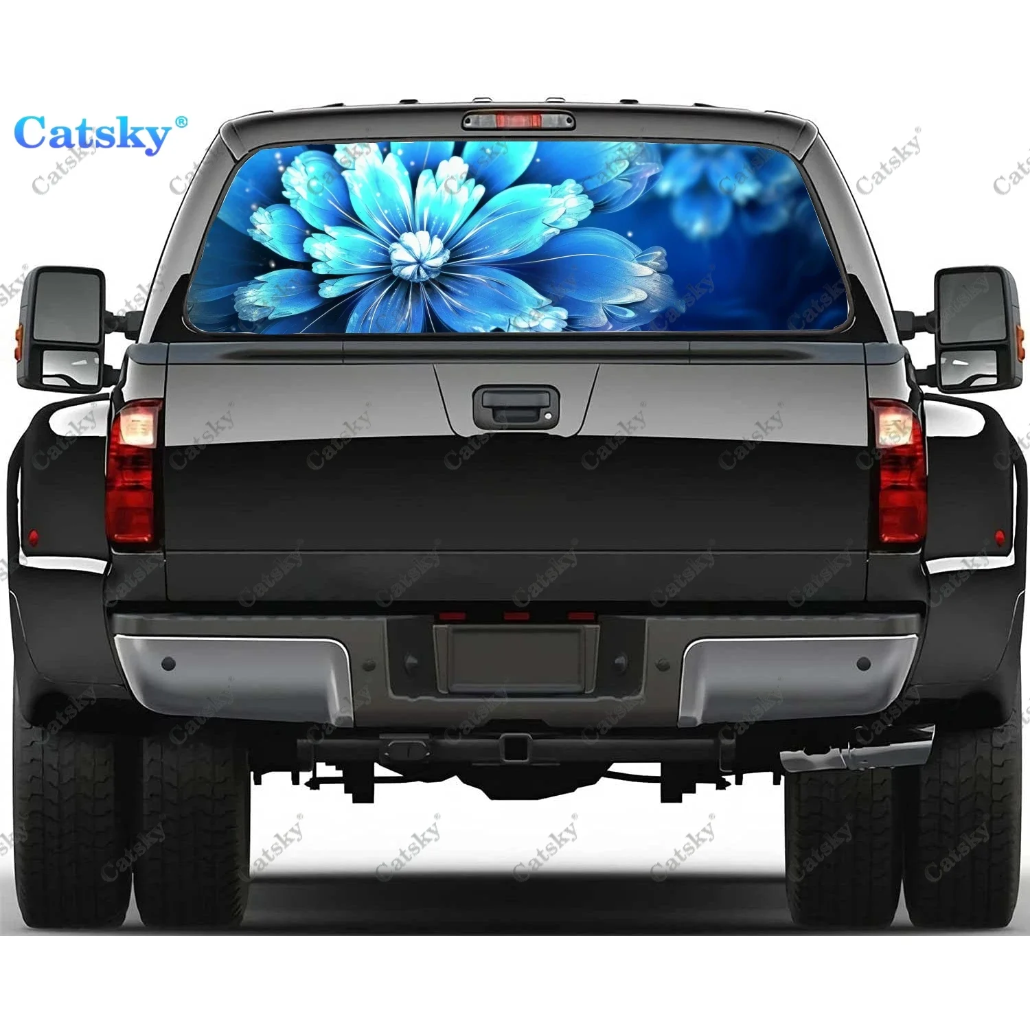 

Blue Flowers With Ornaments Rear Window Decal Fit Pickup,Truck,Car Universal See Through Perforated Back Windows Vinyl Sticker