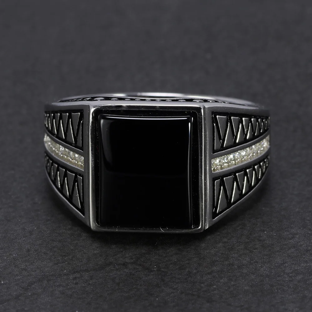 Real 925 Sterling Silver Black Onyx Ring For Men Natural Stone Micro Paved Cubic Zircon Simple Lines Design Turkish Jewelry