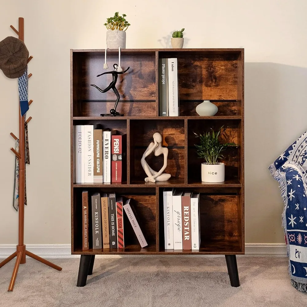 

Cube Bookshelf 3 Tier Modern Bookcase with Legs,Retro Wood Bookshelves Storage Organizer Shelf,Freestanding Open Book Shelves