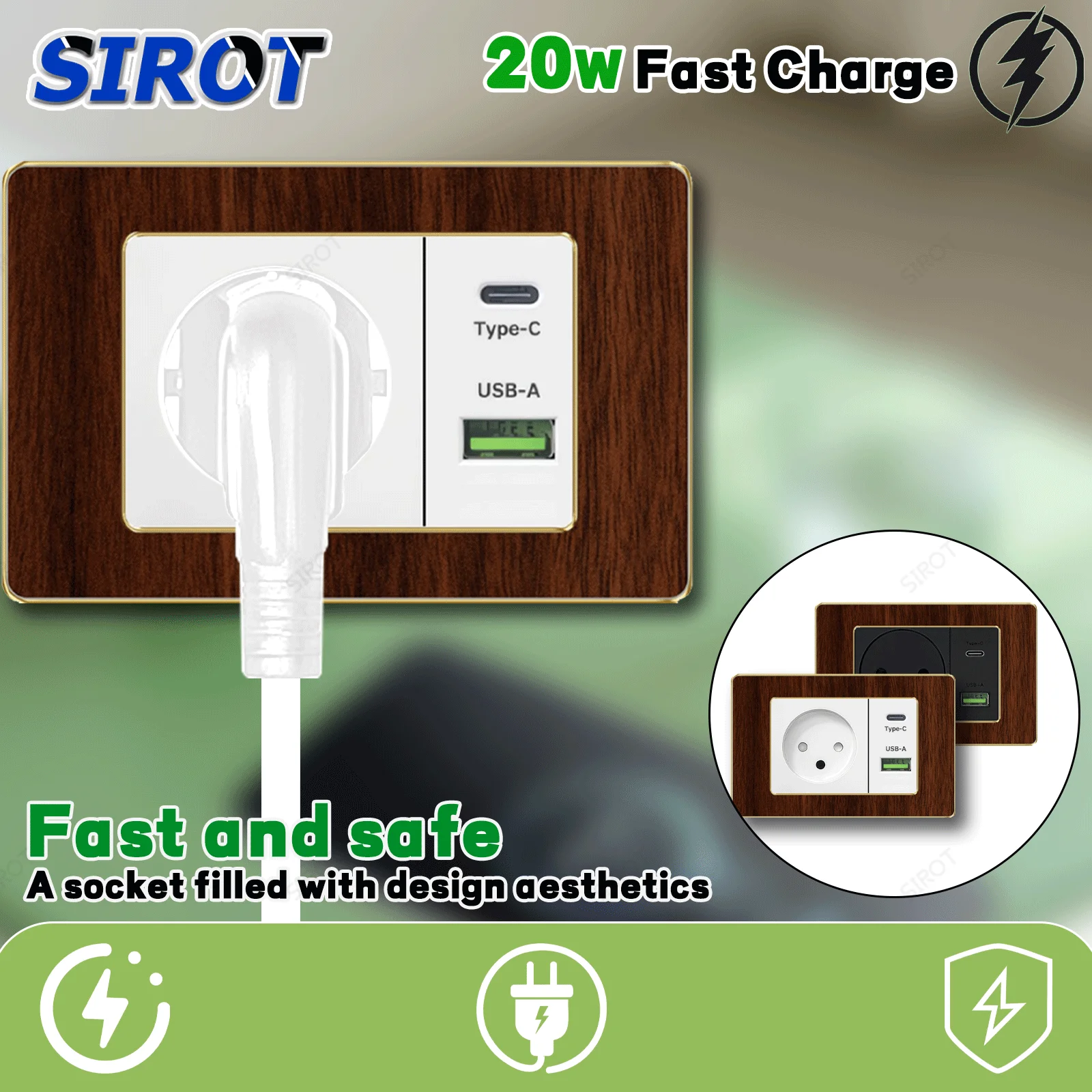 SIROT Israel Power Sockets,20W USB Type C Fast Charging Charging Port,118mm Acrylic Wood Grain Panel Electrical Outlet for Home