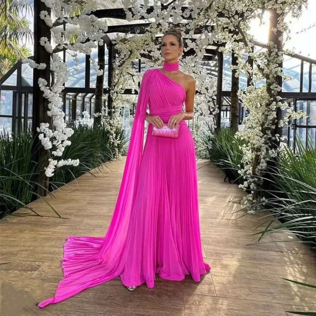

Fuchsia Sexy Sloping Shoulders Prom Dresses Lace Purple Chiffon Evening Dress Pleated Ground Length Vestidos De Noche Customized