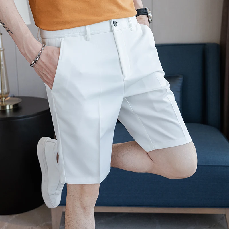 Summer Smart Casual Shorts Men Fashion Solid Color Slim Suit Shorts Mens Dress Office Knee Length Short Pants Male Streetwear