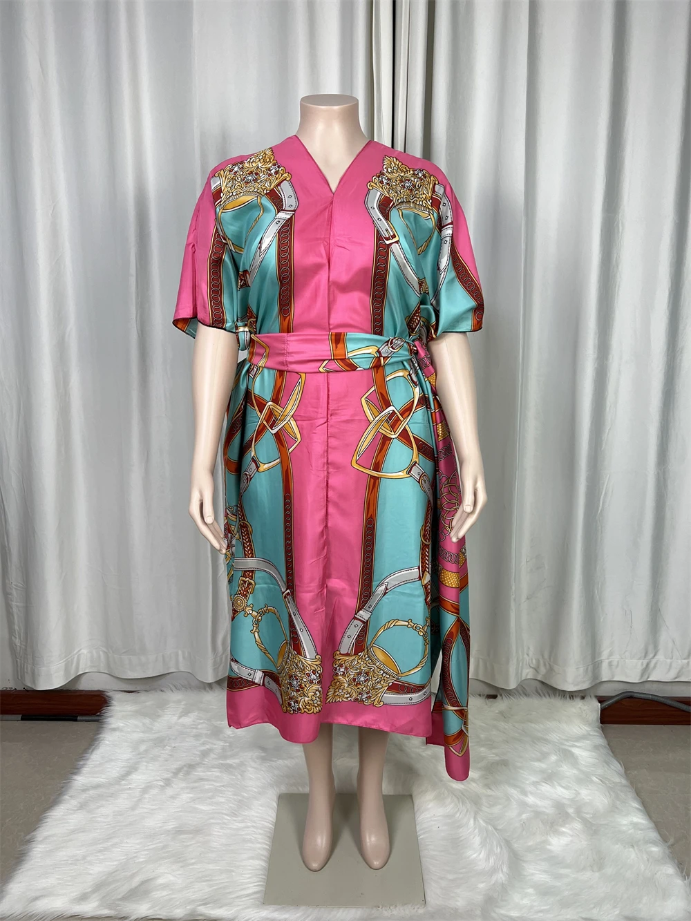 

New 2024 Silk Maxi Dress Summer Beach Bohemian Robe African Kaftan Swimwear Batwing Short Sleeve Scarf Headband Saudi Arabian