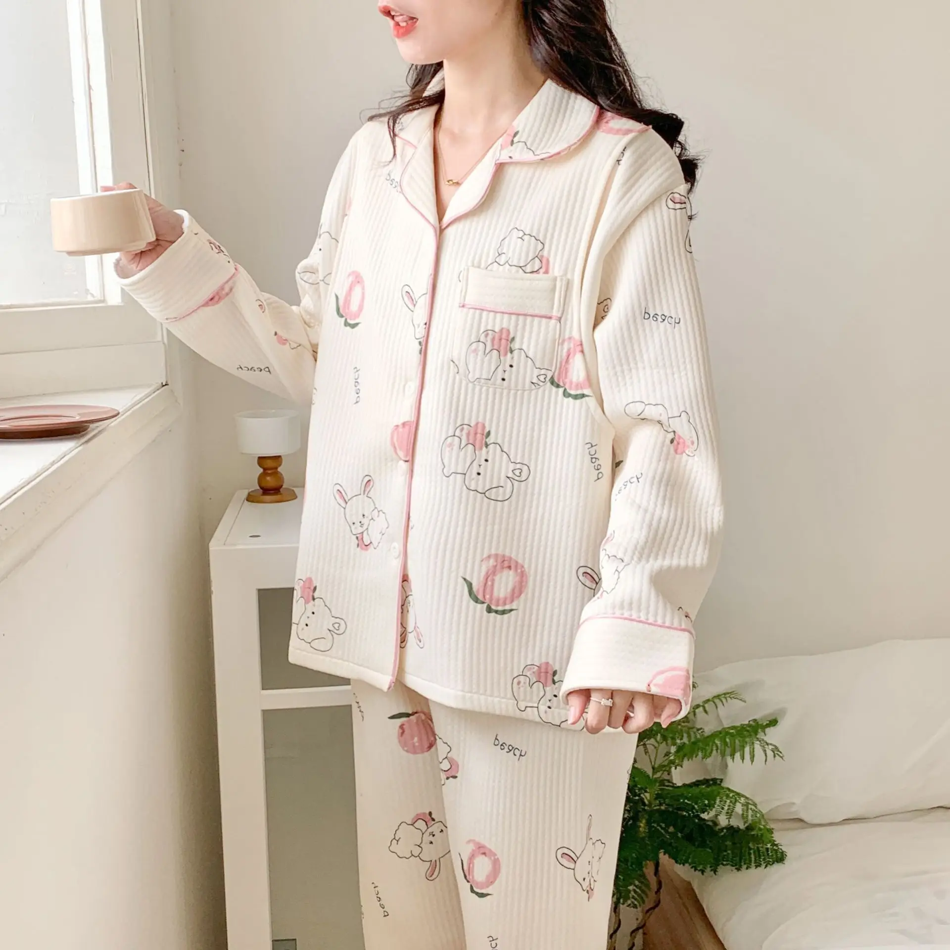 Fashion Winter Maternity Clothes Set Nursing Cardigan Long Pants Postpartum Women Pajamas Set Breastfeeding Thick Cotton Twinset