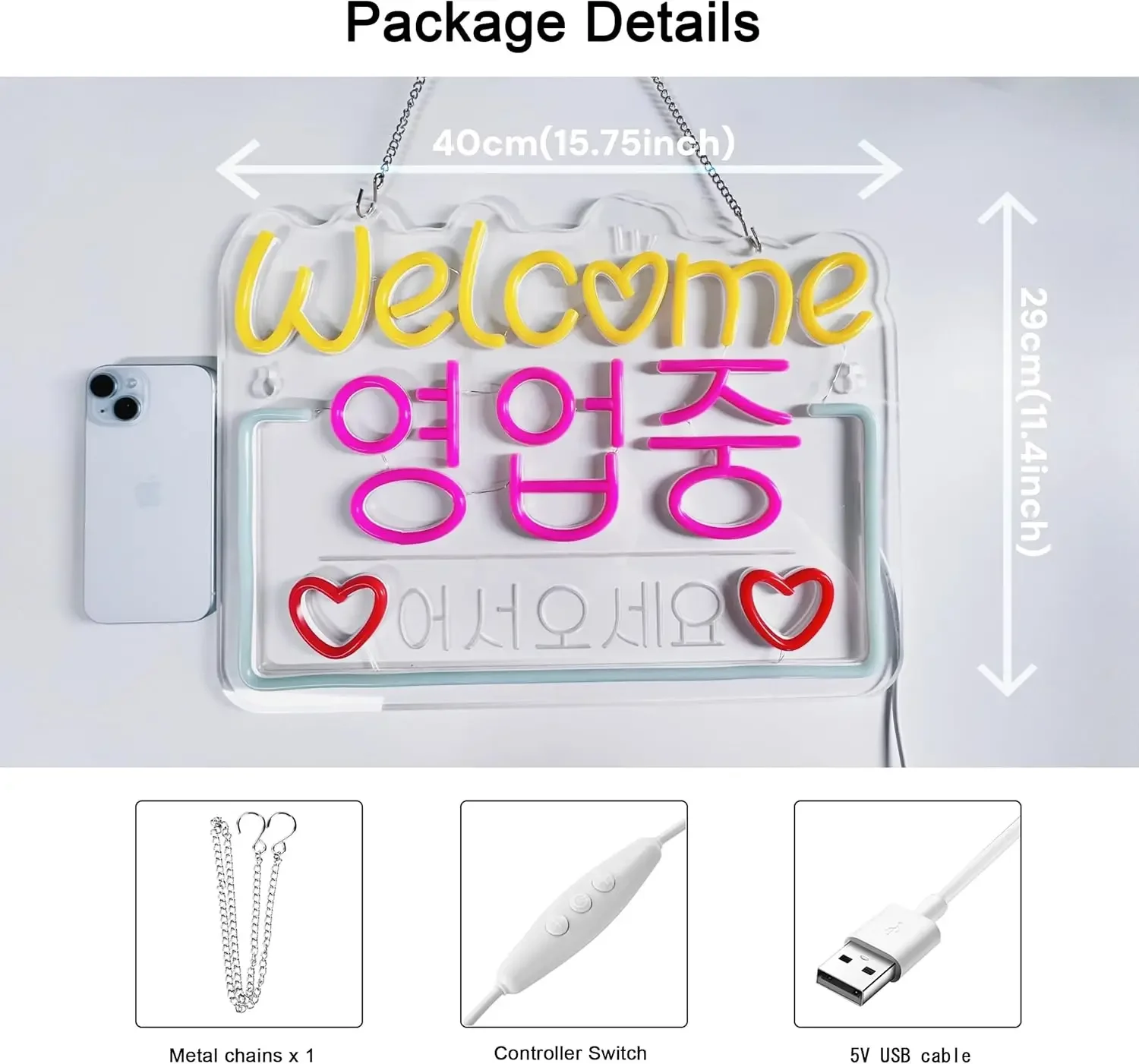 

Korean Welcome 영업중 Neon Sign Neon Lights Hanging Wall Art Decoration Cafe Bar Party Home Decor USB Powered Bright Dimmable