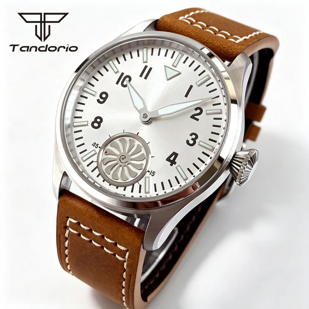 Tandorio Men's 42mm ST3621 Manual Winding Steel Pilot Watch Sapphire Glass Sunburst Face Asia6498 Mechanical Retro Wristwatch