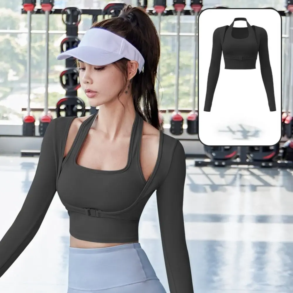 Long Sleeve Women Yoga Shirts Pullover Neck Shock Proof Workout T-Shirt With Bra Pad Slim Chest Girls Sports Top Gym Fitness