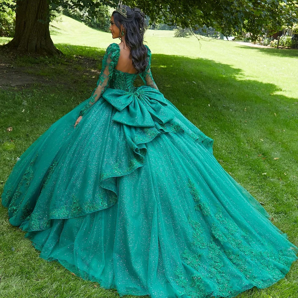 EVLAST personalizado verde esmeralda mangas largas Vestido para quinceañeras apliques De encaje lentejuelas corsé dulce 16 Vestido De 15 Anos TQD071