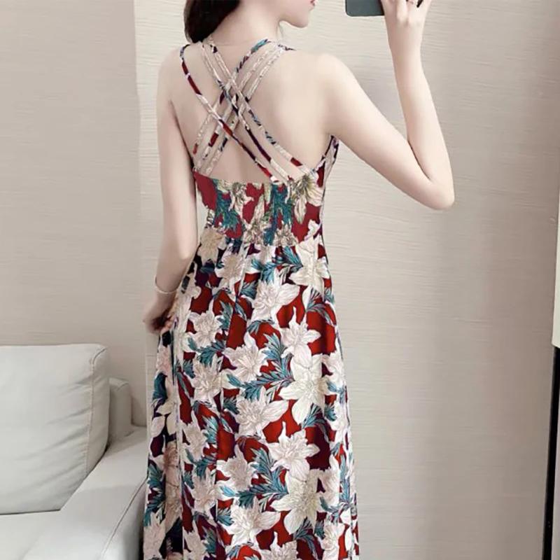 Moda scollo a v stampato arricciatura Backless Camis Dress abbigliamento donna 2024 estate nuovo vestito floreale Slip donna ufficio allentato