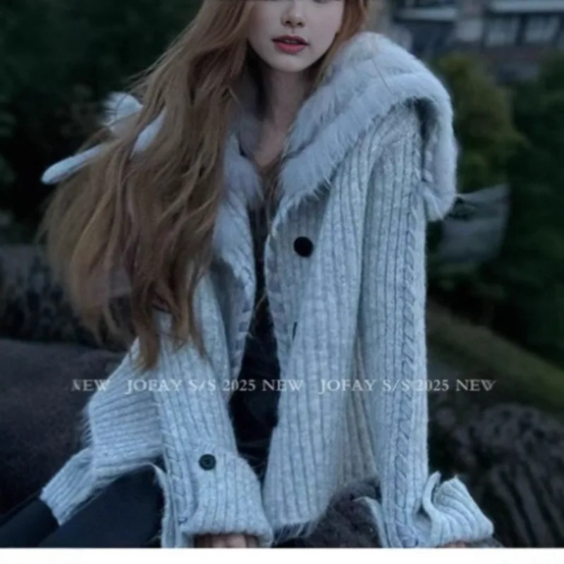 

Grey Patchwork Fox Faux Fur Jacket Short Knitted Outerwears Lace Up Stylish Women's Furry Jackets Autumn Long Sleeves Plush Coat