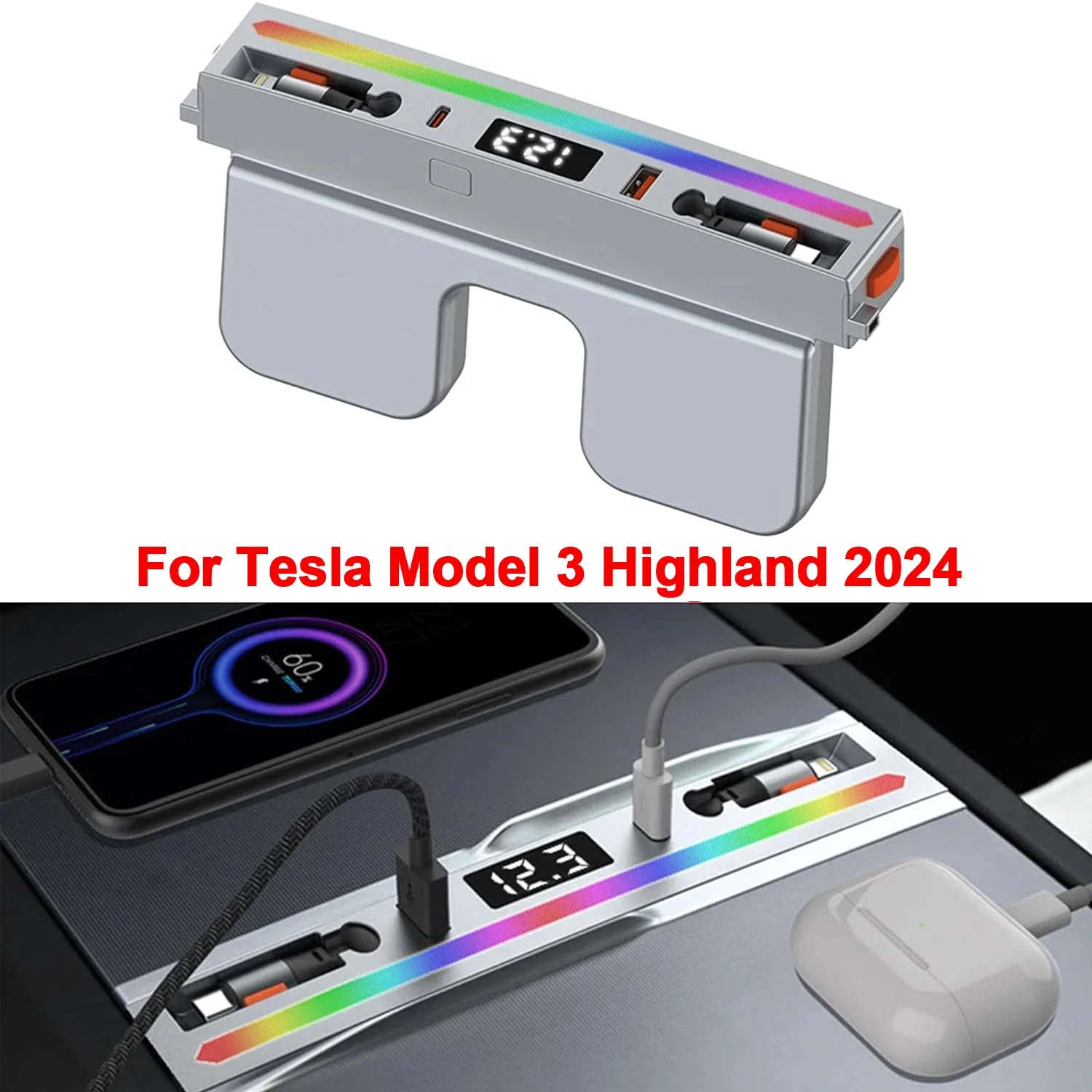 For Tesla Model 3 Highland 2024 USB Hub Docking Station With Rainbow Light, 4 ports Retractable Fast Charging