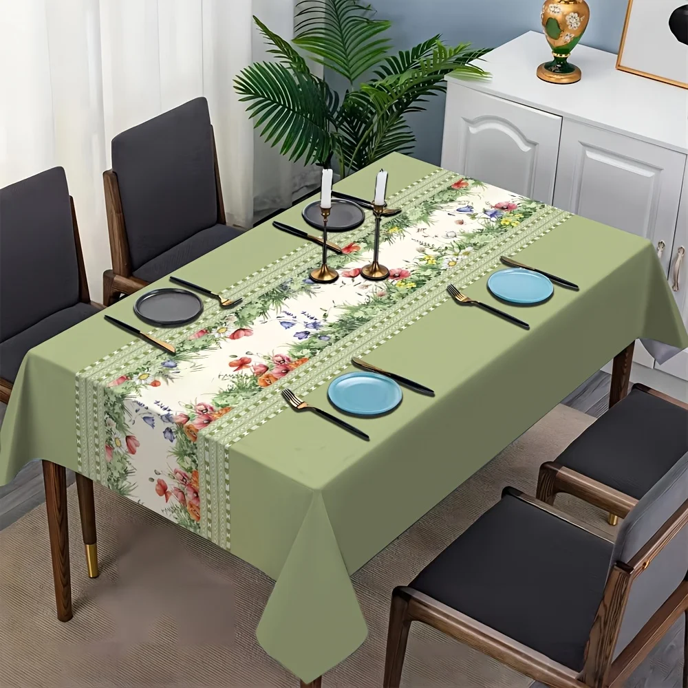 VIKAMA Floral Tablecloth Sage Green Watercolor Wildflower Rectangular Washable Dining Table Cover Spring Farmhouse Kitchen Decor