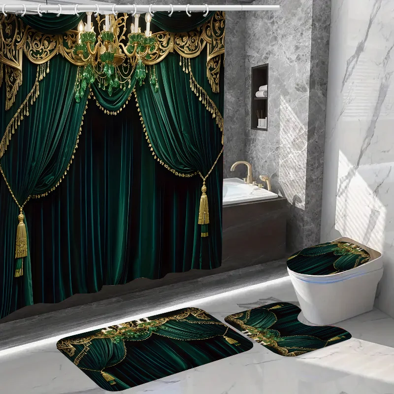 

"Luxury Emerald Green Velvet Shower Curtain Set | Gold-Trimmed Mats, Toilet Lid Cover, 4-Piece Set, Elegant Bathroom Decor