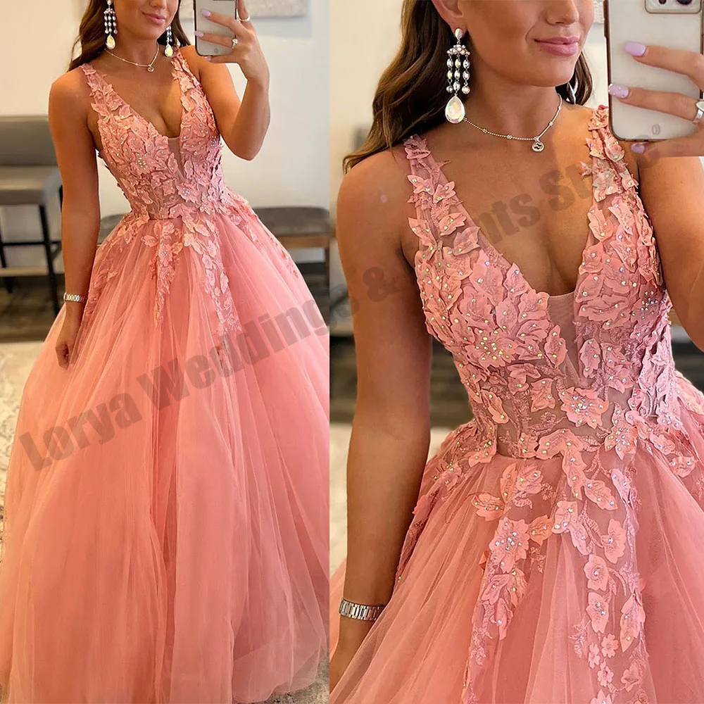 Pink Women's Prom Dresses A-Line Sexy V-neck Sleeveless Princess Evening Gowns Tulle Lace Decal 2023 Vestidos De Noche платье