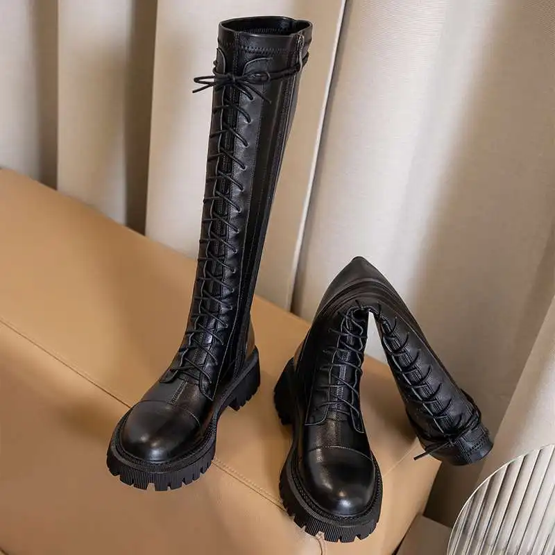 Krazing Pot Genuine Leather Round Toe High Heel Riding Boots Cross-tied Vintage Gladiator Lady Casual Platform Knee-high Boots