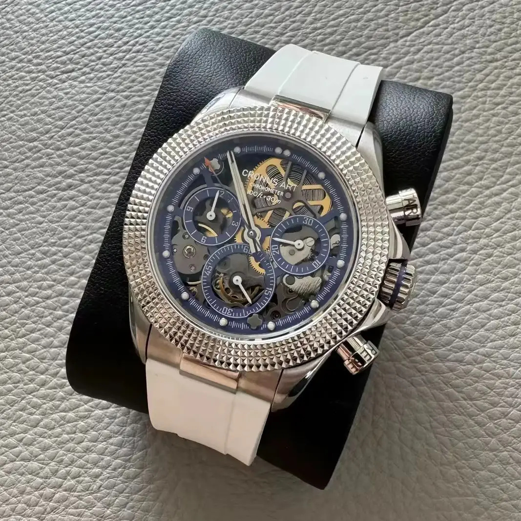 CRONUSART Men Chronograph Watch 42mm Automatic Mechanical Wristwatch Luminous Sapphire Mirror Skeleton Dial Fluororubber Strap