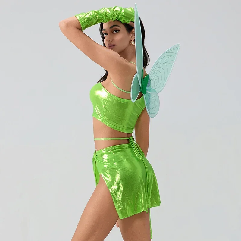 New Fashion Women Halloween Fairy Costume Deluxe Tank Tops Panty Skirt Arm Sleeves with Fairy Wings Cosplay Party Outfits