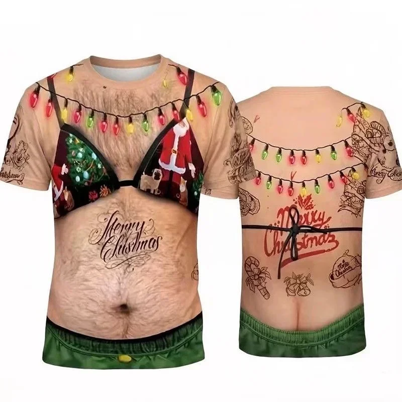 Funny Christmas Beer Belly Tattoo Short Sleeved Men's Fun 3D Simulation Printed T-shirt Prank Personality Family Matching Y2k