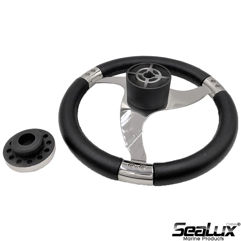 Sealux 13-1/2 Zoll Edelstahl-Sportlenkrad mit PU-Schaum und Echtlederbezug High-End für Marine-Yacht-Boot – Detail 3
