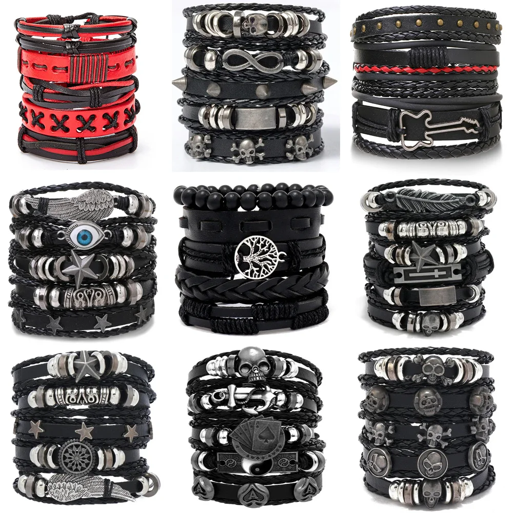 

1 Fashion Bracelet Viking Bracelet For Men Hand Bracelets Woven Skull Hand Jewelry Adjustable Leather Set Bracelet For Leather