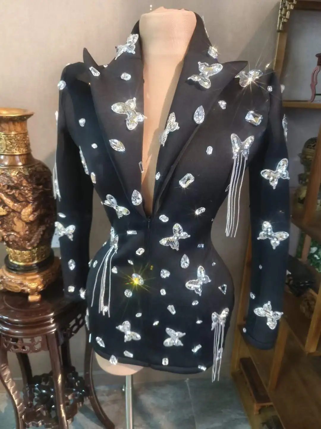 

Women Bling Birthday Party Black Blazer Butterfly Sequins Singer Dancer Performance Stage Drag Queen Costume 2025