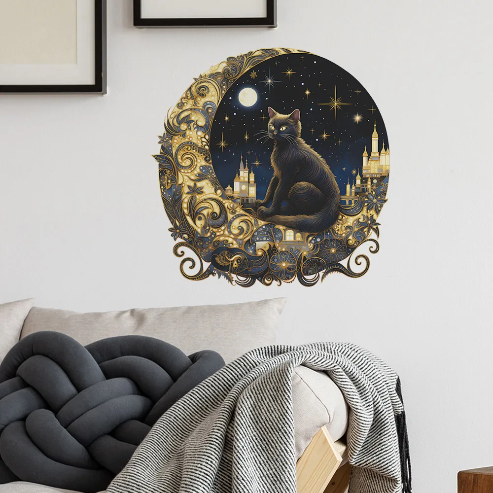 Autocollant mural chat noir céleste, chat noir sur lune ornée avec étoiles et château, autocollant amovible gothique et fantaisiste pour chambre