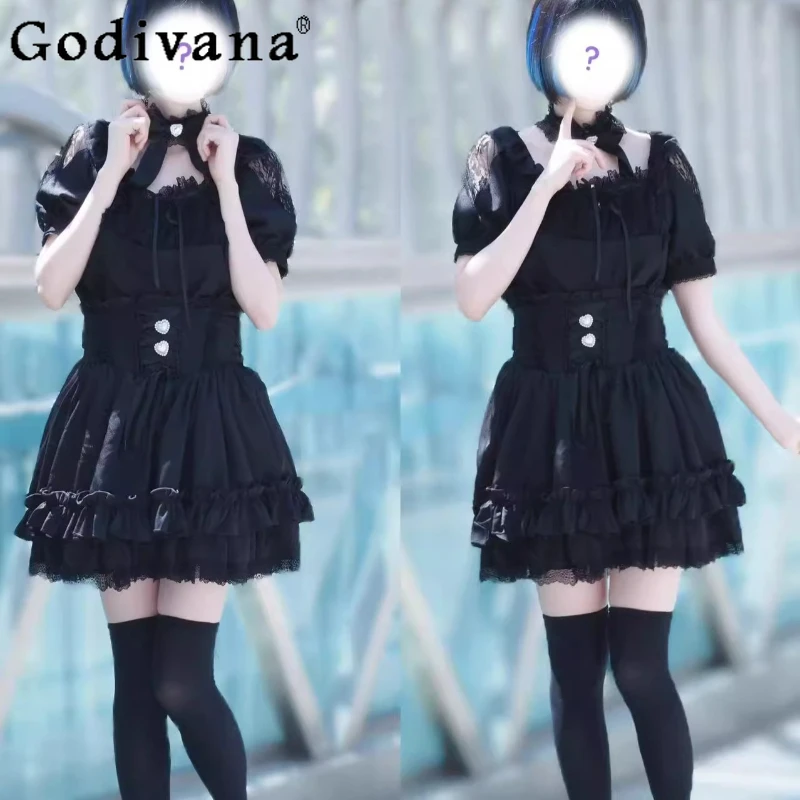 

Original Design Anime Set for Women Black and White Lace Bow Shirt and Skirt Suits Female Japanese Style Cute Lolita Outfits