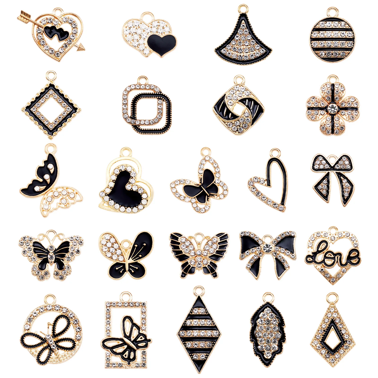 46Pcs Alloy Enamel Pendants with Rhinestone Light Gold Mixed Shape Black for Making DIY Jewelry Necklace Bracelet Earring Charm