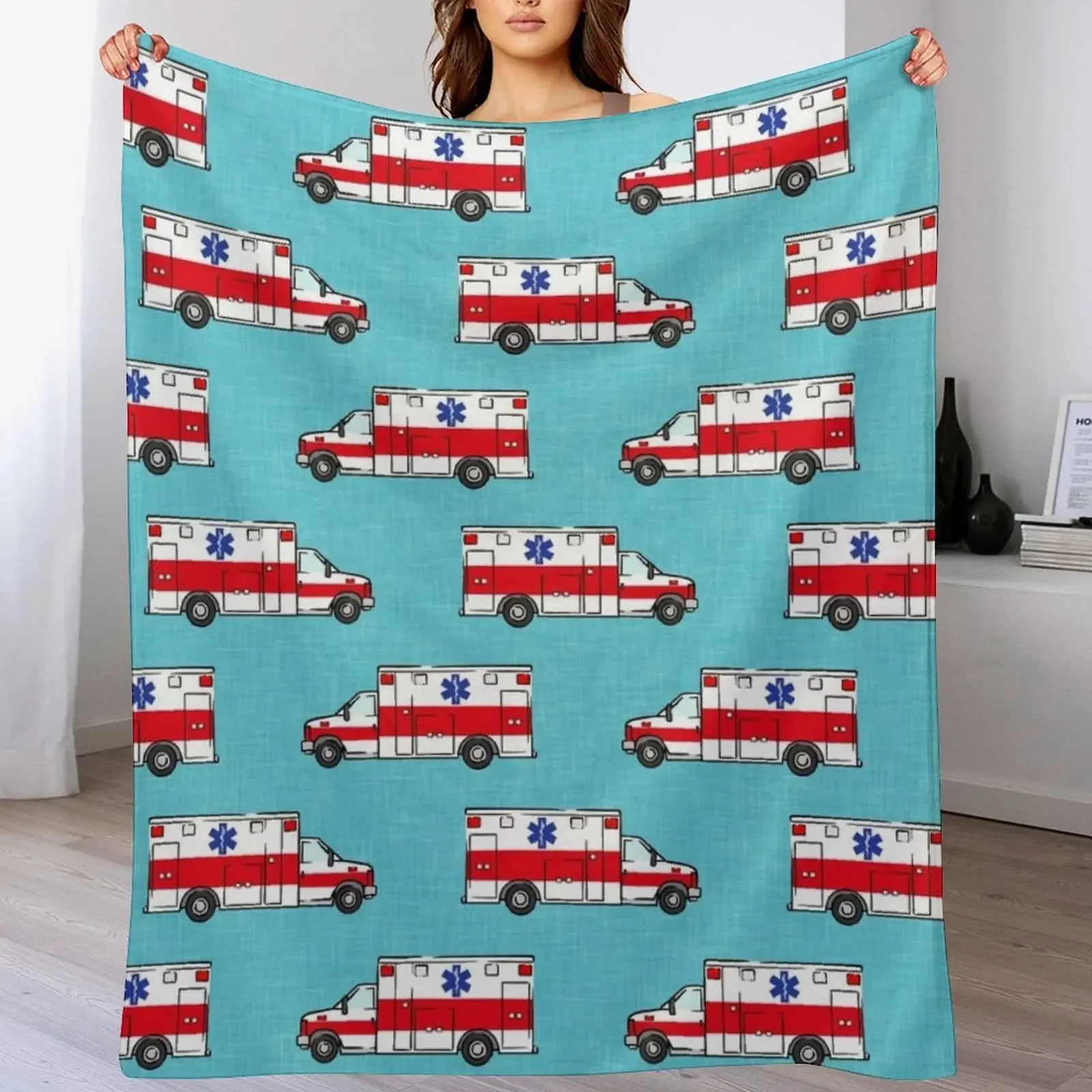 Ambulance on Teal Throw Blanket Picnic decorative anime Blankets