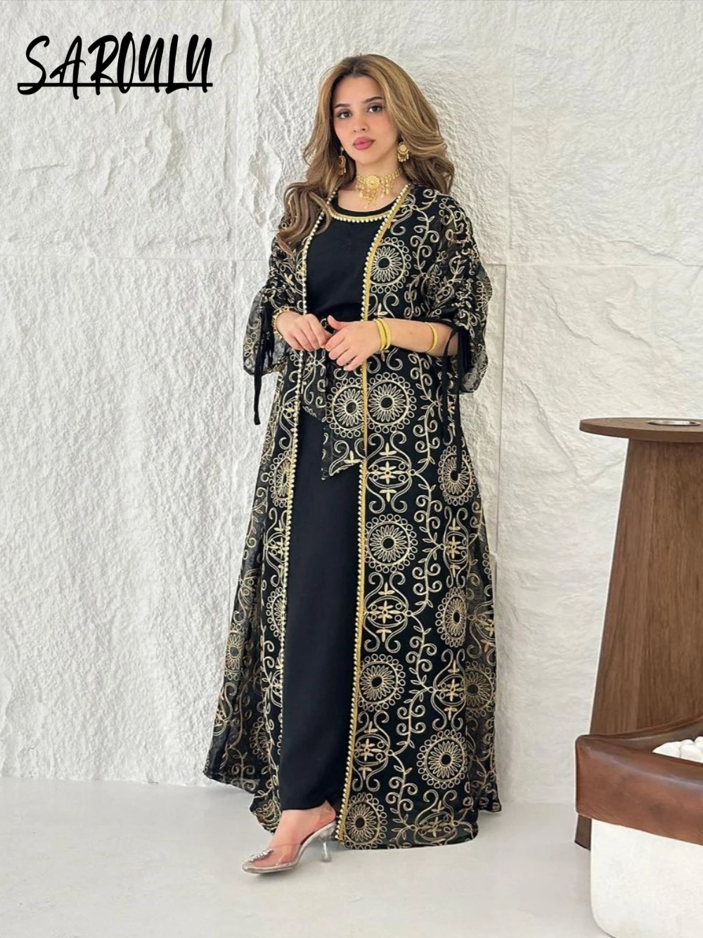 Saudi Arabia Embroidery 2-pieces Evening Dress, Muslim Jalabiya Plus Size Robe, Delicate Celebrity Cocktail Gown, High Quality