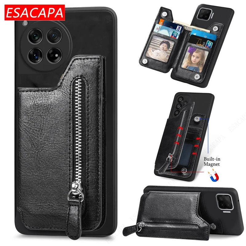 Zipper Wallet Leather Phone Case For Oneplus 12 12R Card Stand Holder Soft TPU Shockproof Back Cover For Oneplus 11 Pro 10T9  8T
