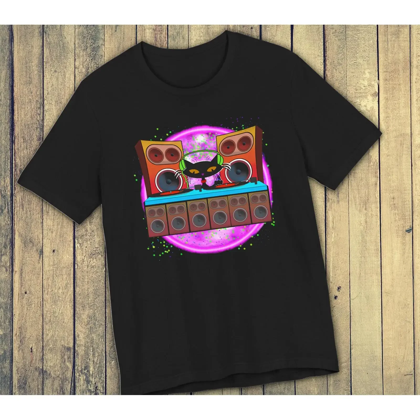 Retro-Katzen-DJ-T-Shirt, Mid-Century-Modern-EDM-Design, Vintage-Look, gewaschen, dehnbar, weich, lässig, leichtes Oberteil für den Alltag, Grafik