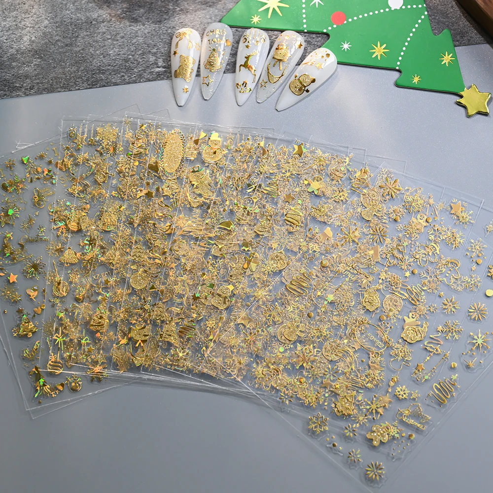 12 pièces Laser bronzant or 3D noël autocollant pour ongles Y2K flocon de neige cerf wapiti père noël ongles décalcomanies bonhomme de neige noël manucure autocollant
