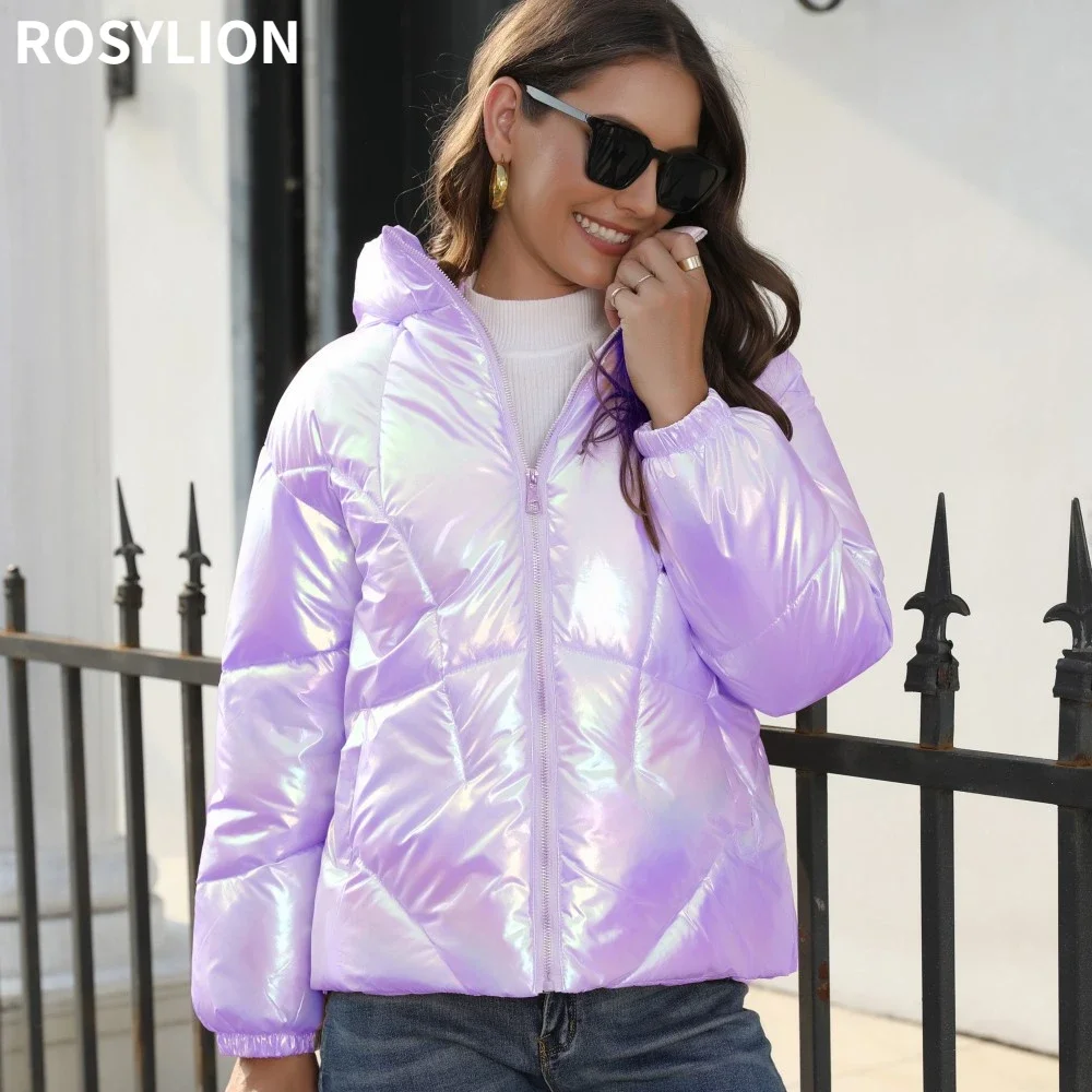 Women Winter Shiny Parkas Hooded Puffy Bread Jacket Ladies Purple Blue Colorful Cotton Coat Warm Loose Parkas Streetwear S-XXL