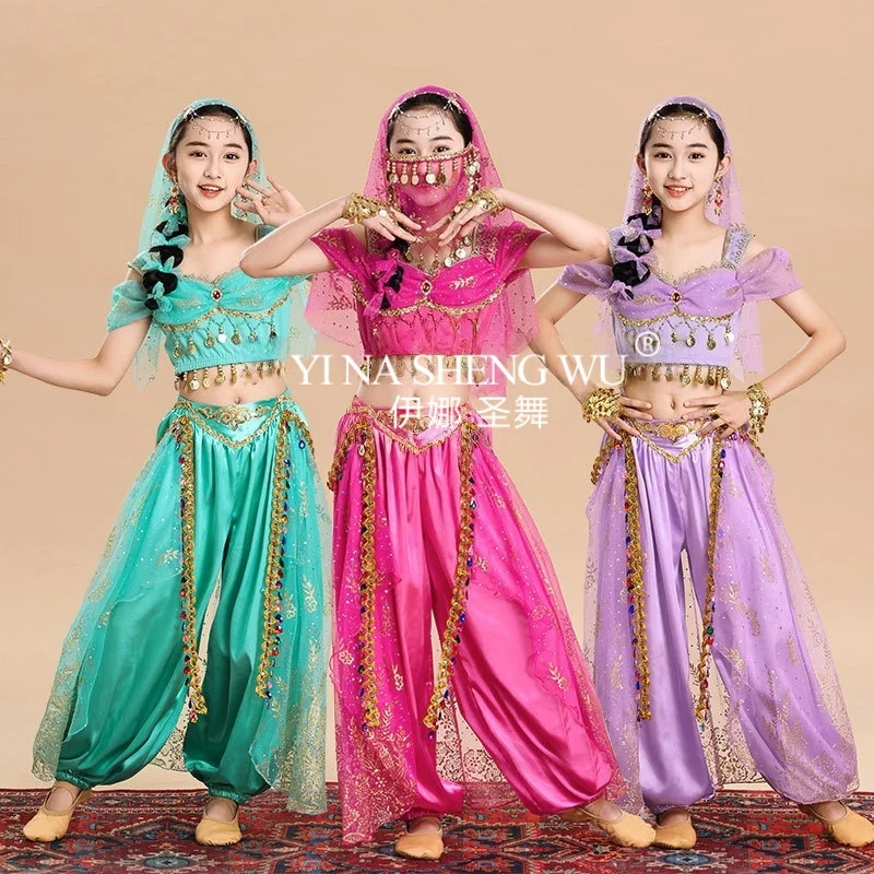 مجموعة أزياء الأميرة ياسمين للهالوين للأطفال، ملابس أداء رقص بوليوود وحفلات المهرجانات التنكرية للأطفال في السنة الجديدة