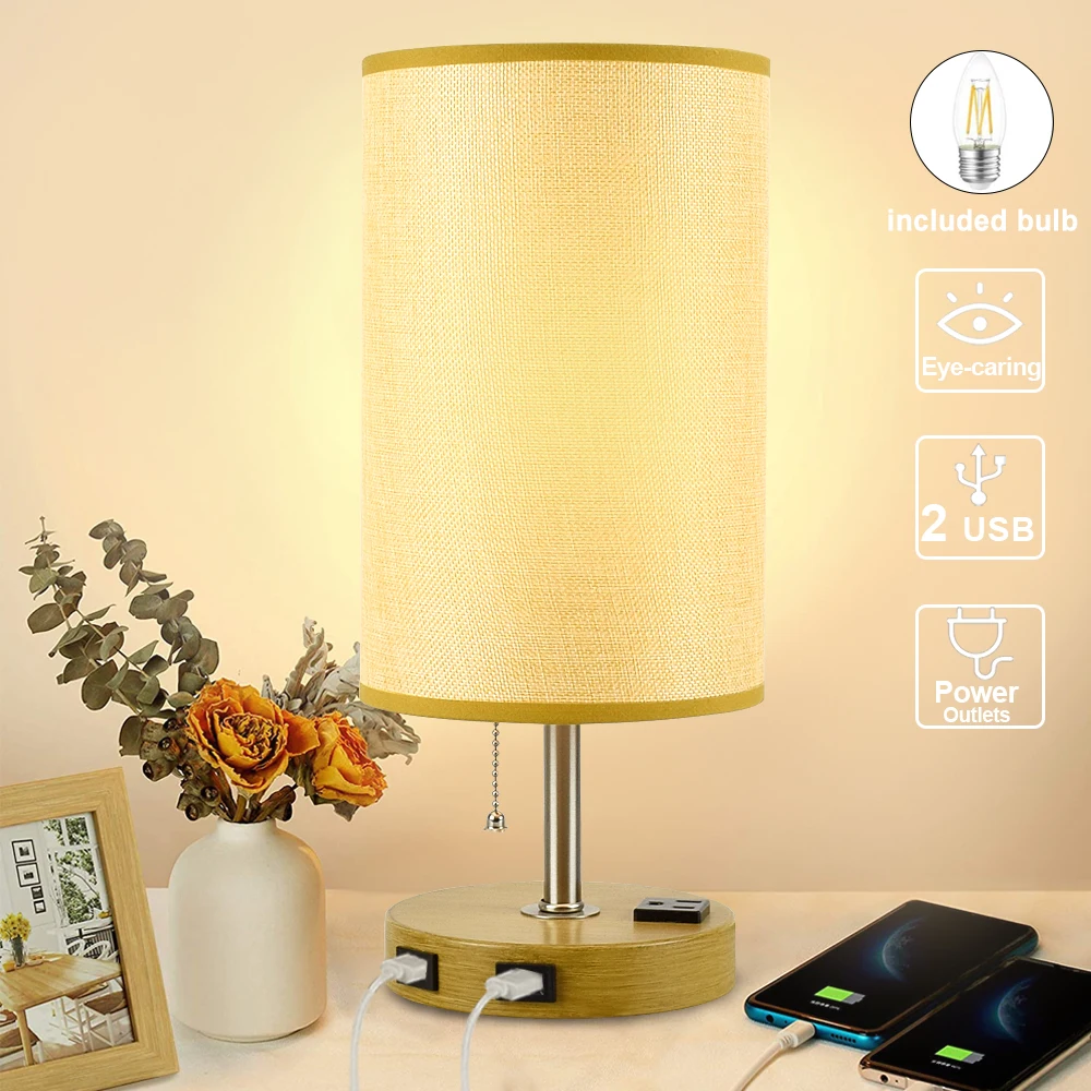 

Depuley Modern Table Lamp with Dual USB Charging Ports Metal Nightstand Light Round Fabric Shade for Bedroom E26 Bulb Included