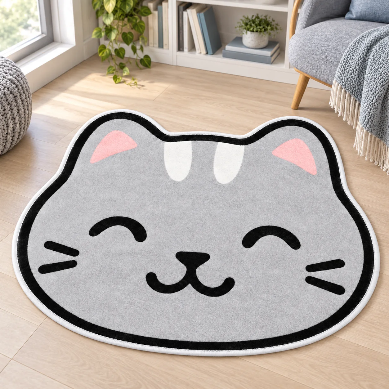Gray Cat Face Shaped Area Rug Pet Lover Pet Mat Soft Flannel Floor Mat for Bedroom Living Room Kitchen and Cozy Home Decor Gift