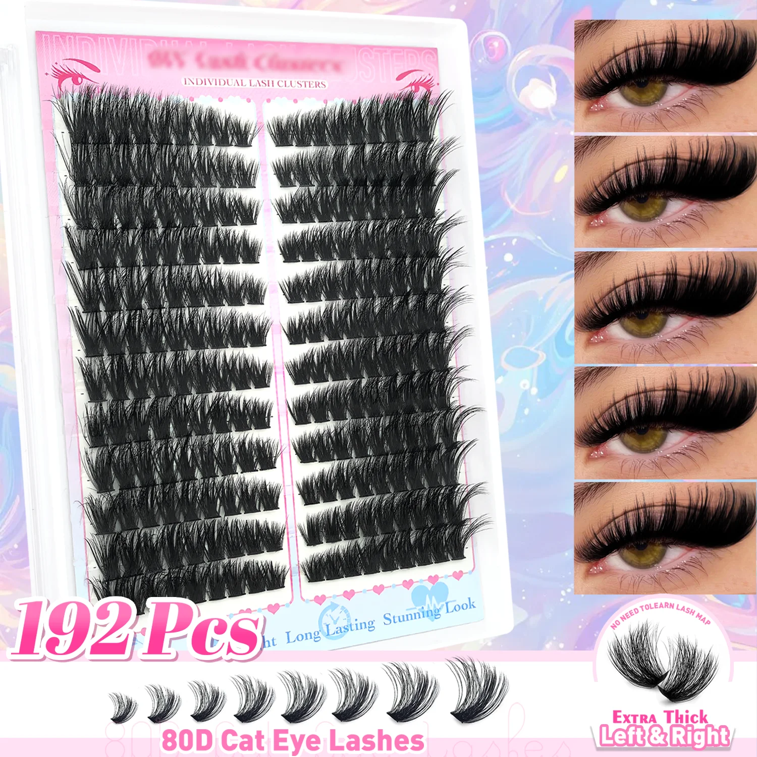 192/160PCS 푹신한 80D 섹셔널 클러스터 인조 속눈썹 – 10-18mm 단일 가닥, 두껍고 자연스러운 외관, 재사용 가능 및 가볍습니다.
