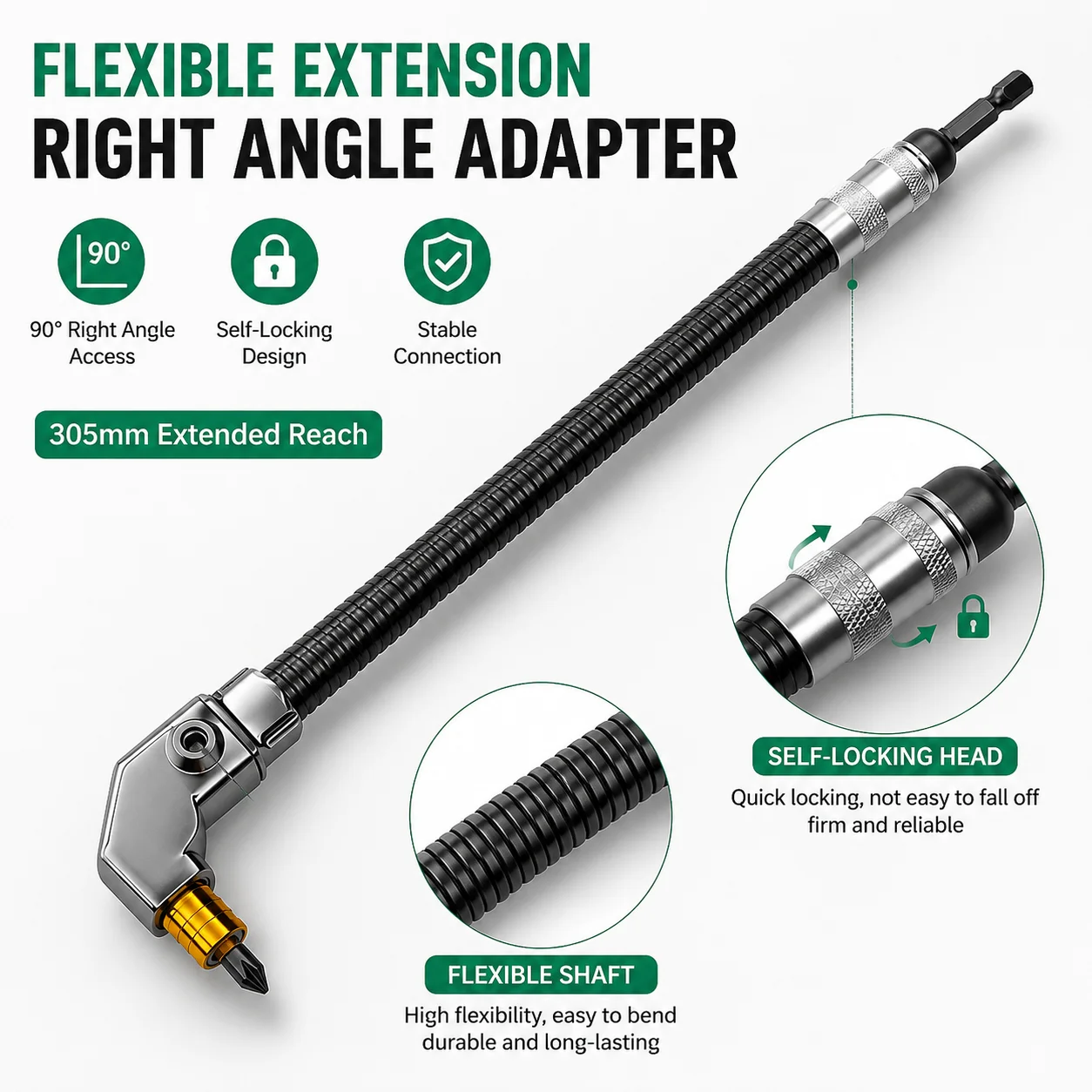 Rafford 90 ° Rechtwinkliger Schraubendreher-Bit-Adapter, flexibler Verlängerungsstab, doppelseitiges, selbstsicherndes Eckbohrwerkzeug für enge Räume – Detail 3