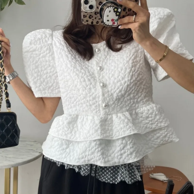 

2026 Summer New Versatile Sweet Anti-aging Doll Round Neck Bubble Sleeve Short Sleeved Top
