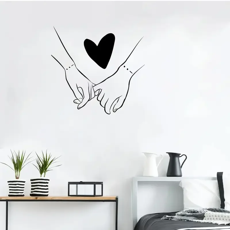 Romantic Couple Hands with Heart Wall Sticker - Self-Adhesive Removable PVC Decal for Living Room, Bedroom, Dining Area & Entryw