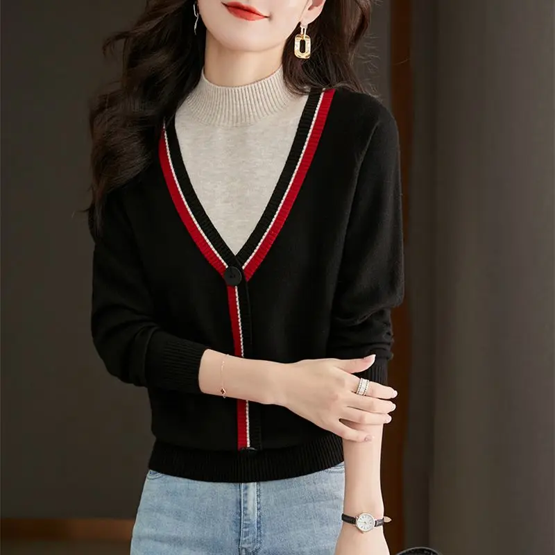 Sweater Women\'s Short Half High Neck Winter New Pullover Fake Two-piece Fashion Commute Straight Knitted Long Sleeve Bottom Tops