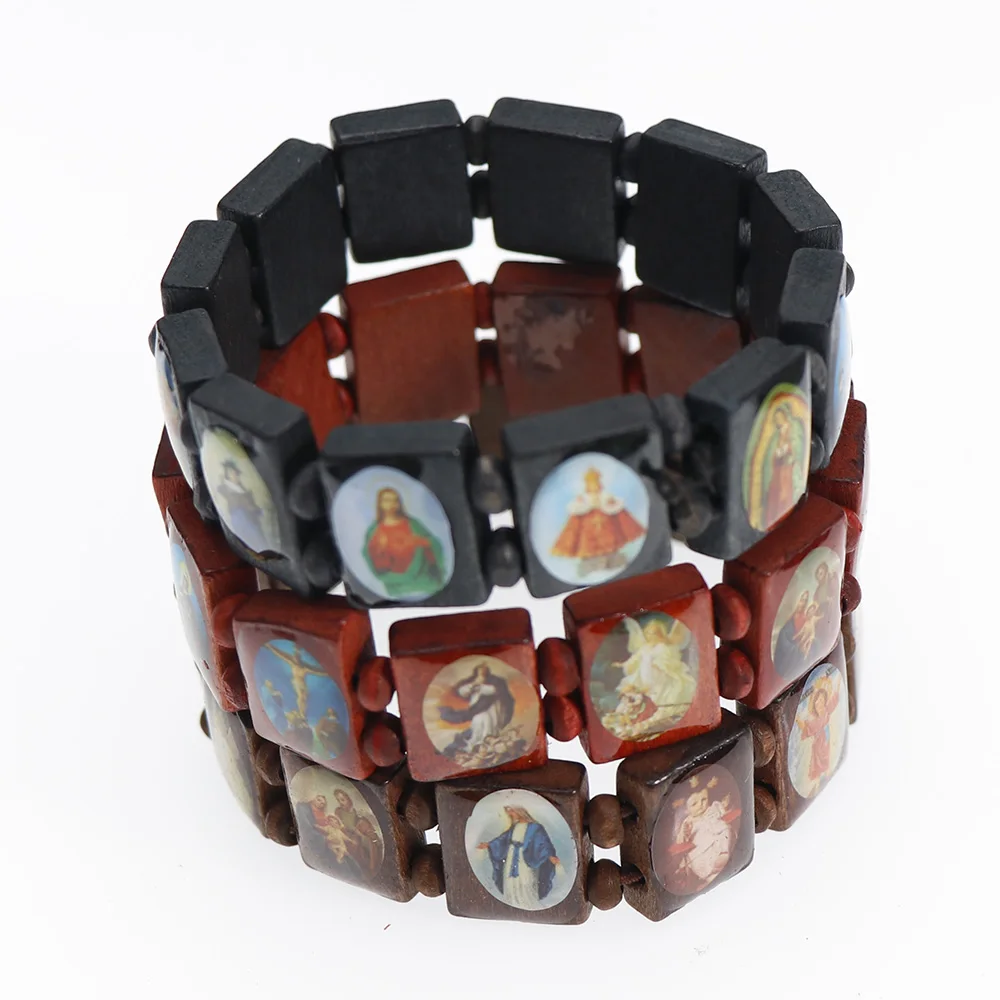 Natural Wooden Catholic Jewelry Virgin Mary Jesus Christian Faith Rosary Bracelet Religious Jewelry Wholesale