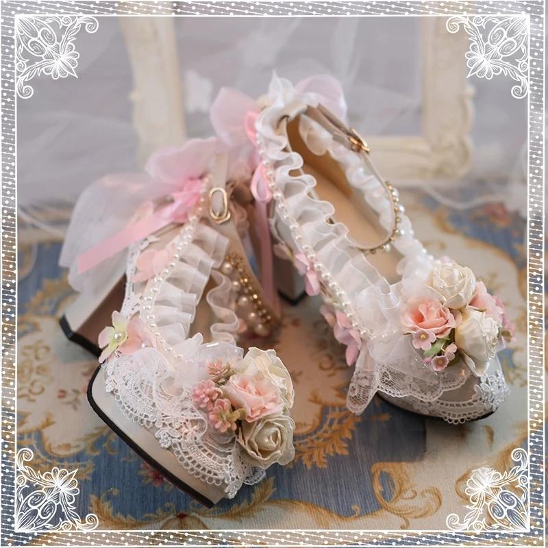 Original Custom Lolita Flower Wedding Shoes Lolita Handmade Lo Shoes Simulation Rose Lace Thick Heel High Heels